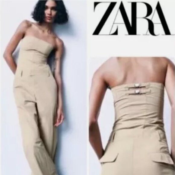 Zara Pants - Zara Khaki Cargo Strapless Jumpsuit
